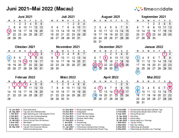 Kalender für 2021 in Macau