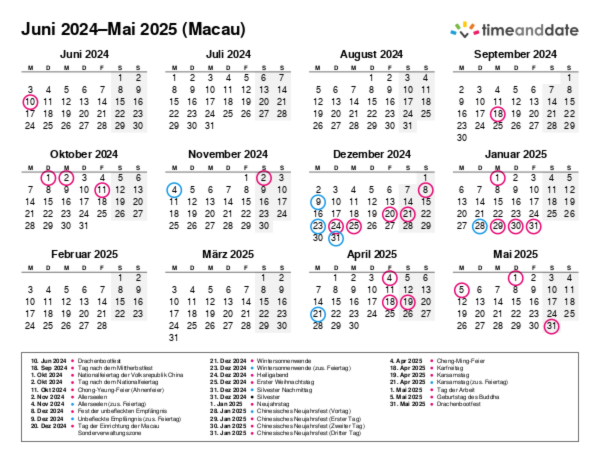 Kalender für 2024 in Macau