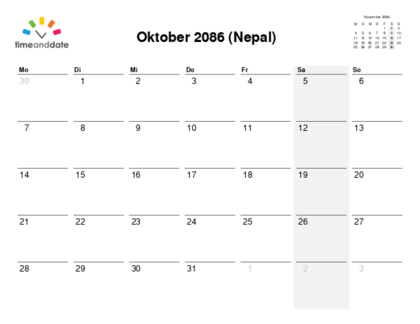 Kalender für 2086 in Nepal