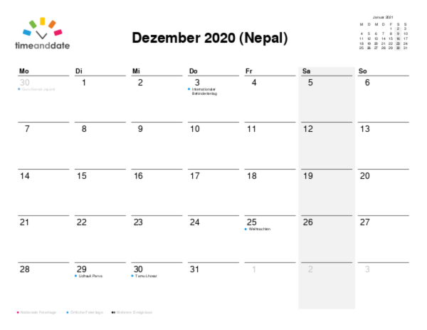 Kalender für 2020 in Nepal
