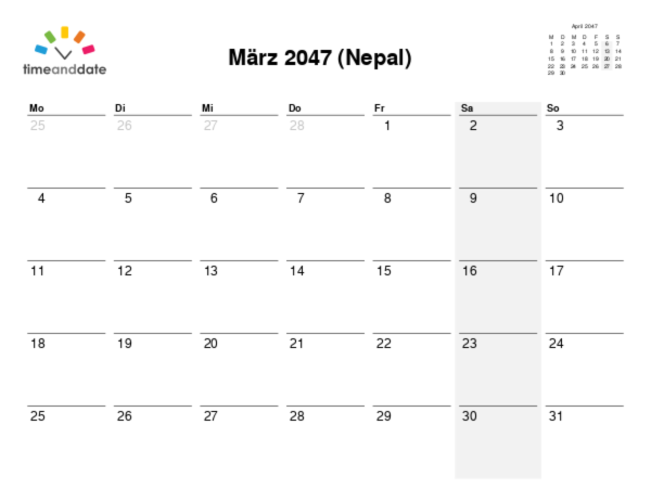 Kalender für 2047 in Nepal