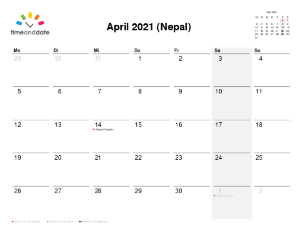 Kalender für 2021 in Nepal