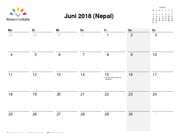 Kalender für 2018 in Nepal