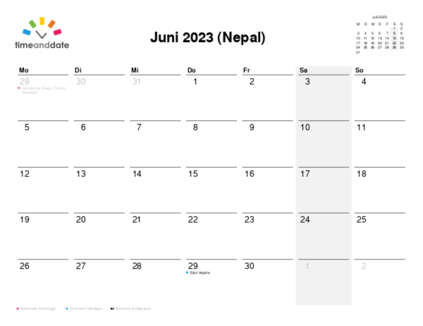 Kalender für 2023 in Nepal