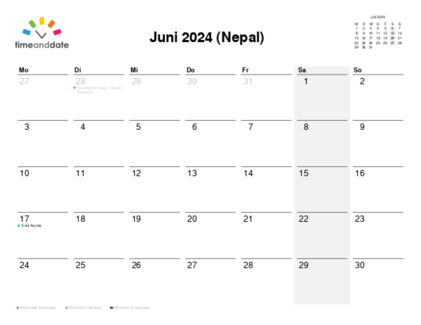 Kalender für 2024 in Nepal