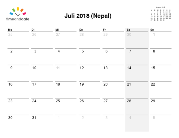 Kalender für 2018 in Nepal