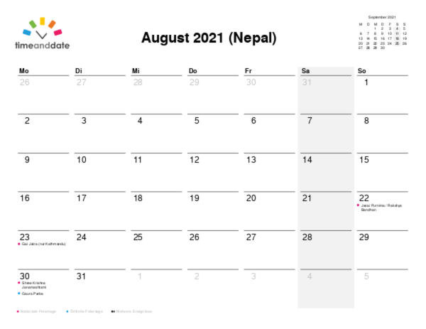 Kalender für 2021 in Nepal
