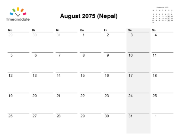 Kalender für 2075 in Nepal