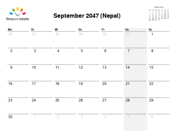 Kalender für 2047 in Nepal