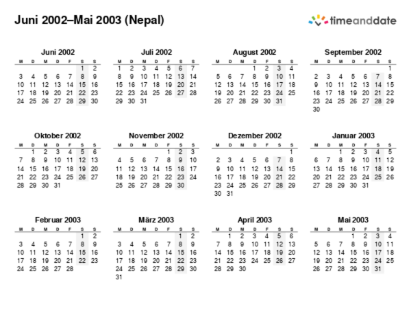 Kalender für 2002 in Nepal