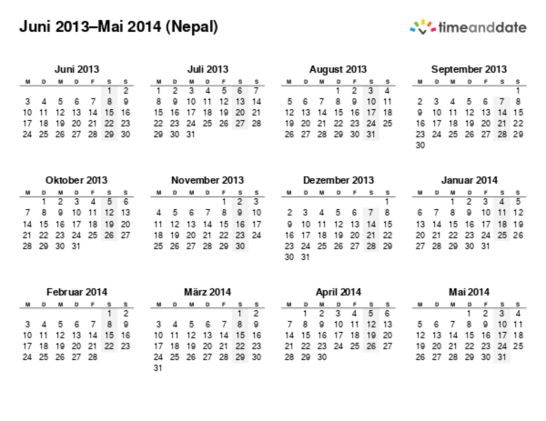 Kalender für 2013 in Nepal