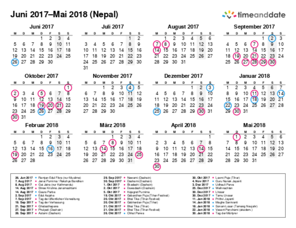 Kalender für 2017 in Nepal