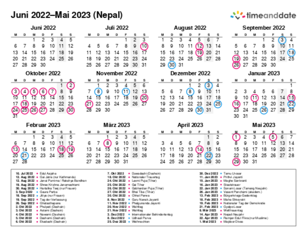 Kalender für 2022 in Nepal