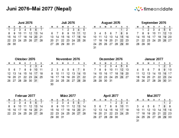 Kalender für 2076 in Nepal