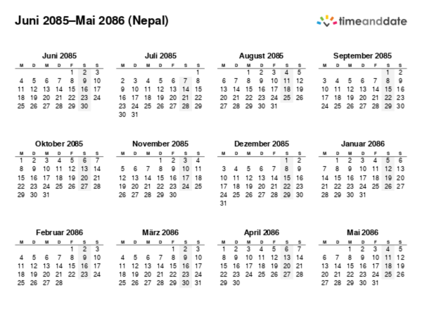 Kalender für 2085 in Nepal