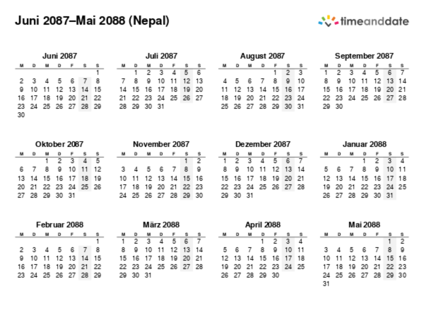 Kalender für 2087 in Nepal