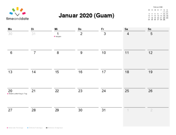 Kalender für 2020 in Guam