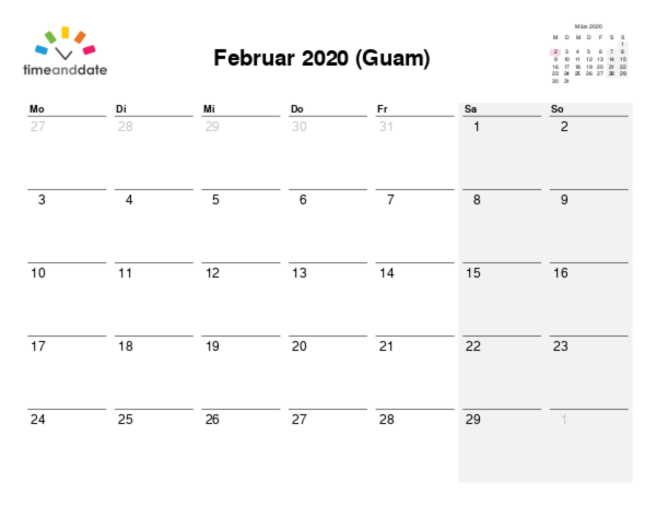 Kalender für 2020 in Guam