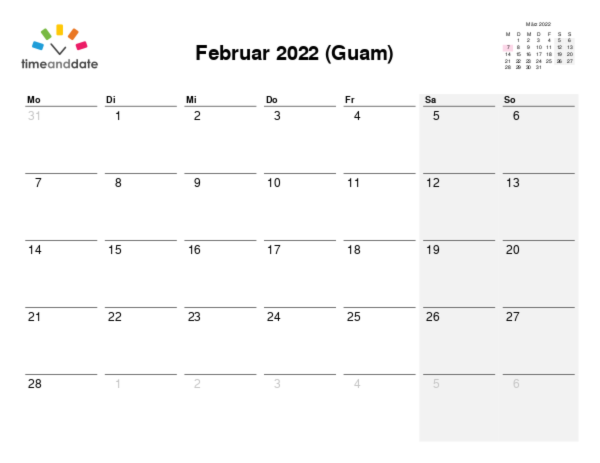 Kalender für 2022 in Guam