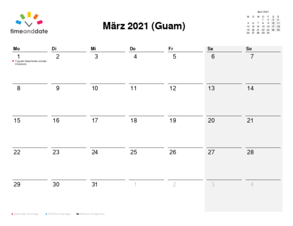Kalender für 2021 in Guam
