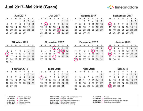 Kalender für 2017 in Guam