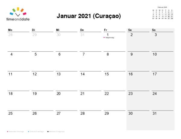 Kalender für 2021 in Curaçao