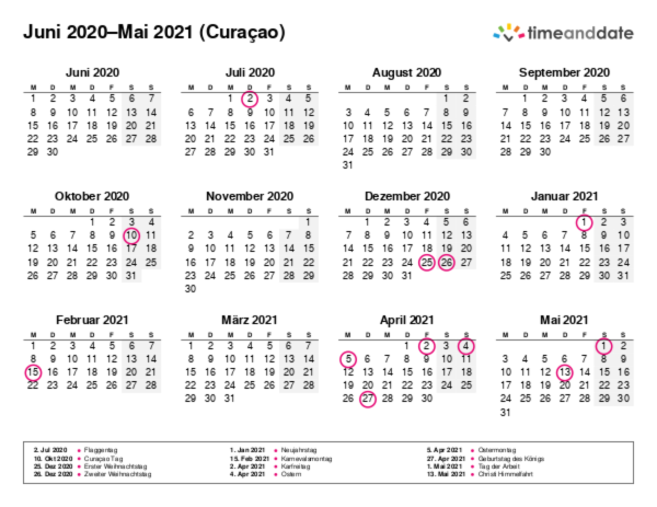 Kalender für 2020 in Curaçao