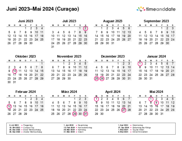 Kalender für 2023 in Curaçao