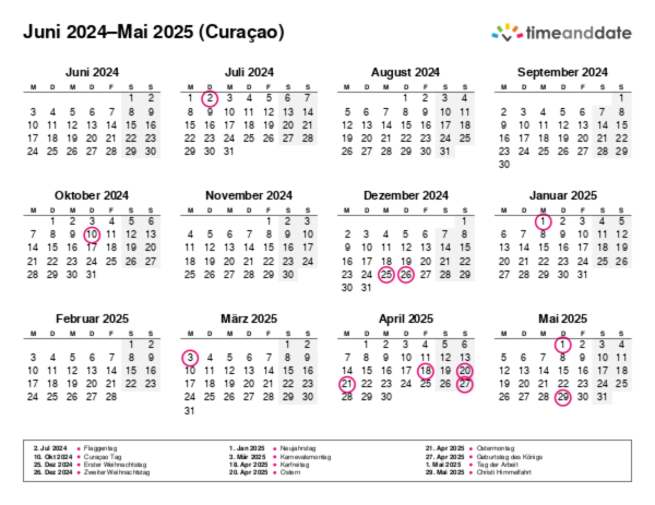 Kalender für 2024 in Curaçao
