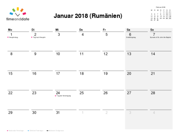 Kalender für 2018 in Rumänien