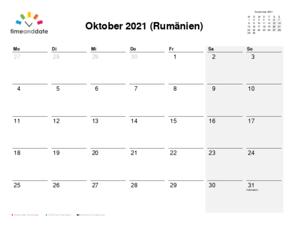 Kalender für 2021 in Rumänien