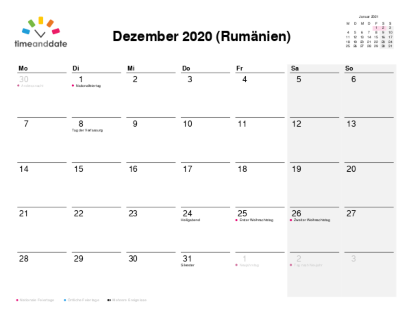 Kalender für 2020 in Rumänien