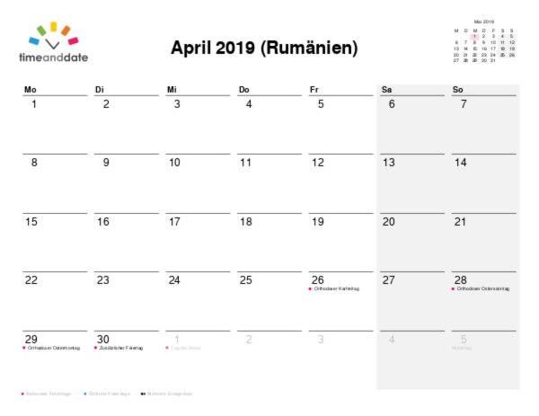 Kalender für 2019 in Rumänien