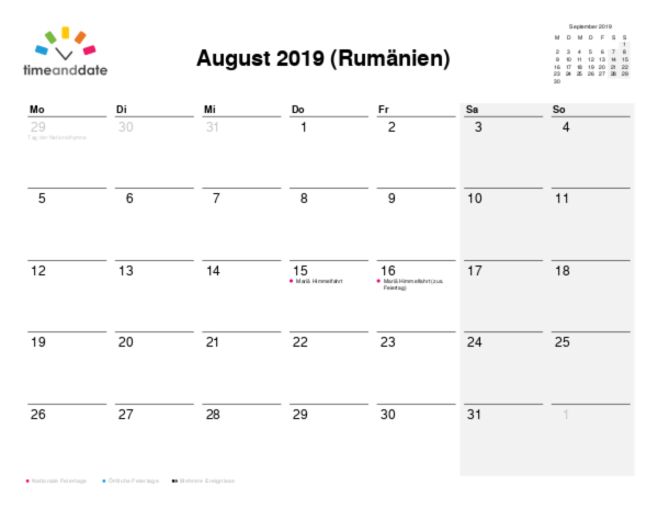 Kalender für 2019 in Rumänien