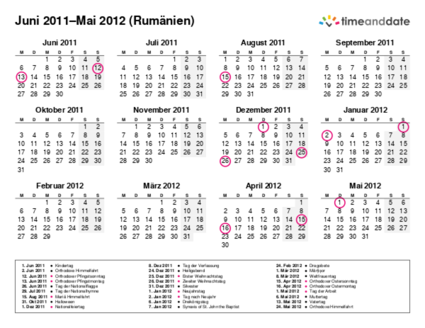 Kalender für 2011 in Rumänien