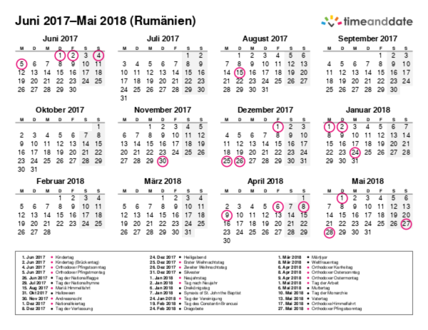Kalender für 2017 in Rumänien
