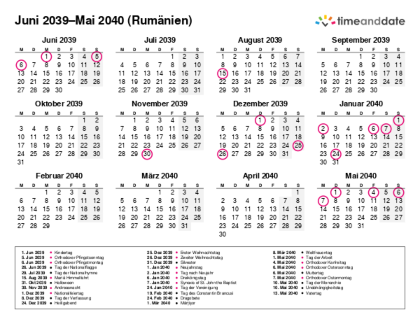 Kalender für 2039 in Rumänien