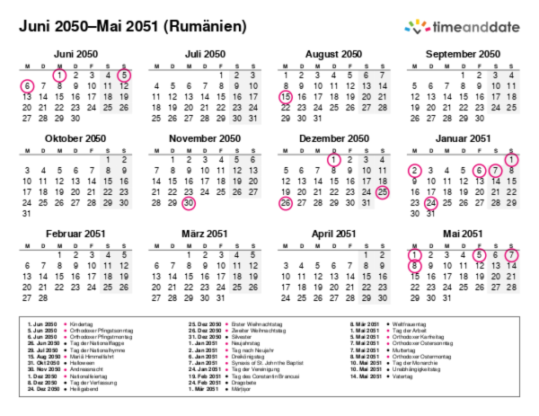 Kalender für 2050 in Rumänien