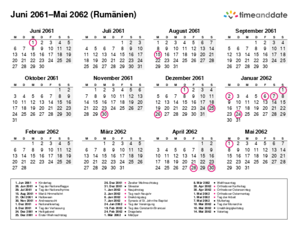 Kalender für 2061 in Rumänien