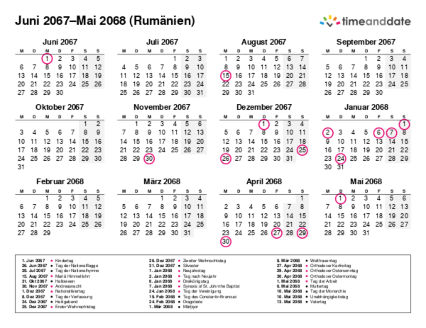 Kalender für 2067 in Rumänien