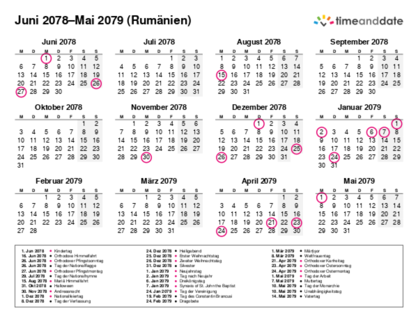 Kalender für 2078 in Rumänien