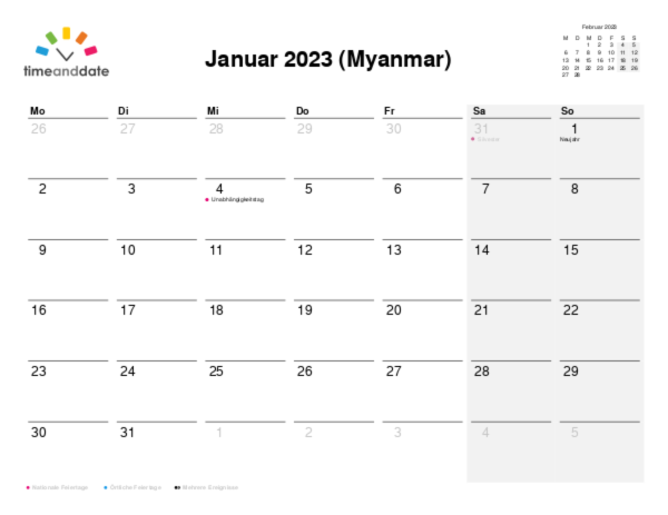 Kalender für 2023 in Myanmar