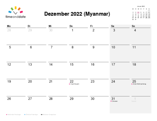 Kalender für 2022 in Myanmar