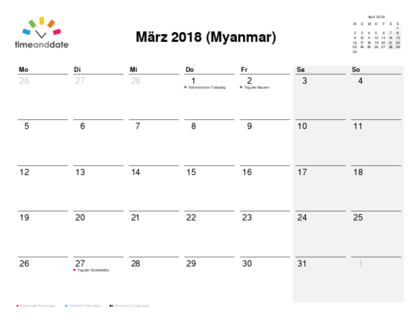 Kalender für 2018 in Myanmar