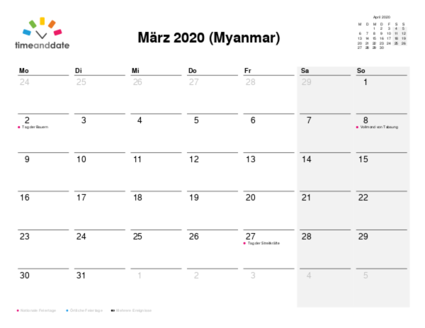 Kalender für 2020 in Myanmar