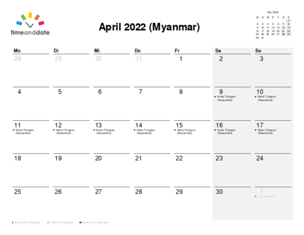 Kalender für 2022 in Myanmar