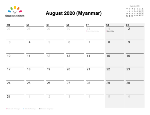 Kalender für 2020 in Myanmar