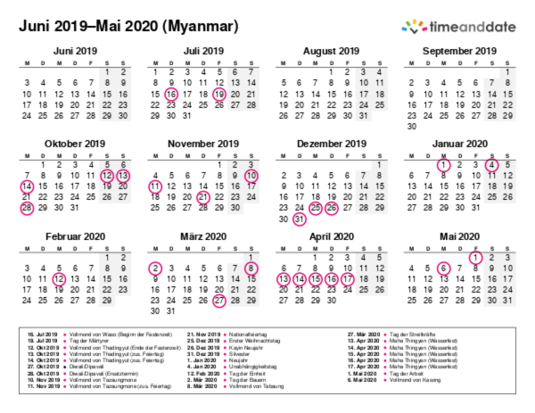 Kalender für 2019 in Myanmar
