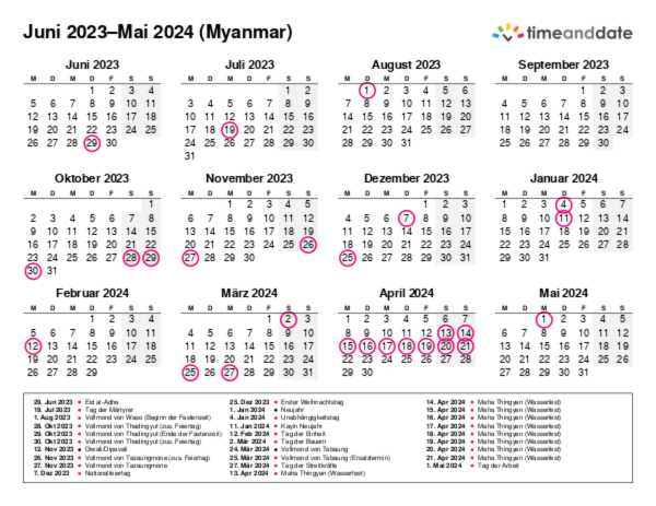 Kalender für 2023 in Myanmar