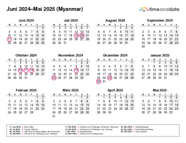 Kalender für 2024 in Myanmar